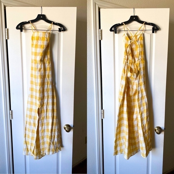 Reformation Dress Nia Linen Open-Back Cut-Out Picnic Midi Dandelion Check 4 NWT - Picture 1 of 8